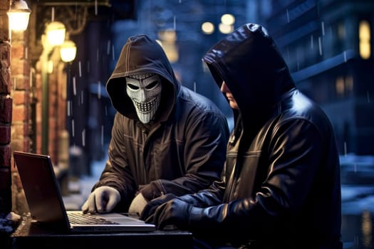 Image of anonymous, masked hackers at work on their laptops.