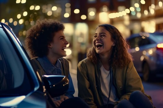 Image of jovial girls engaging in cheerful conversation during a city meet.