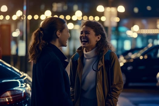 Image of jovial girls engaging in cheerful conversation during a city meet.