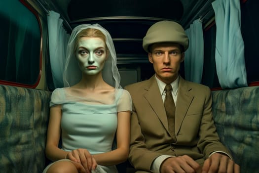 Image of man and woman on bus, their blank expressions symbolizing a desensitized society.