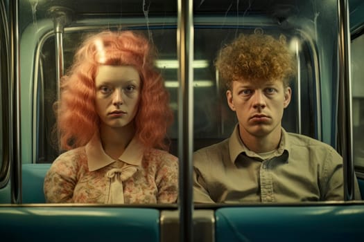 Image of man and woman on bus, their blank expressions symbolizing a desensitized society.