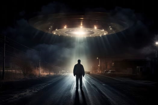 Image of a UFO in the night sky, depicting an alien abduction