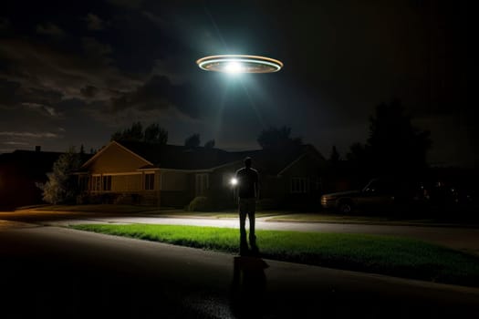 Image of a UFO in the night sky, depicting an alien abduction