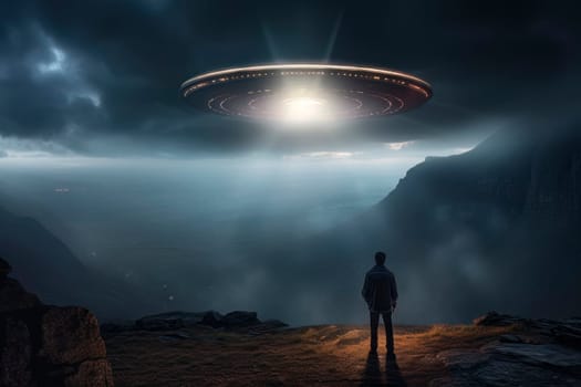 Image of a UFO in the night sky, depicting an alien abduction