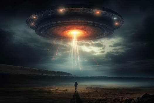 Image of a UFO in the night sky, depicting an alien abduction