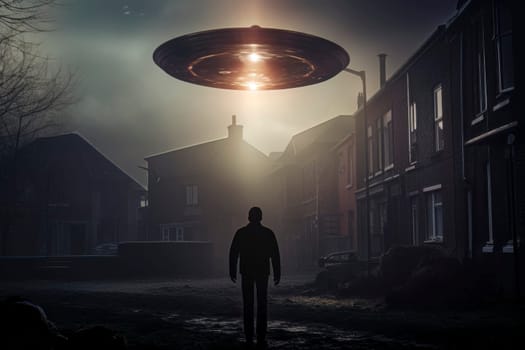 Image of a UFO in the night sky, depicting an alien abduction