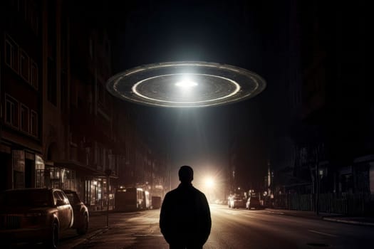 Image of a UFO in the night sky, depicting an alien abduction