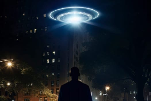 Image of a UFO in the night sky, depicting an alien abduction