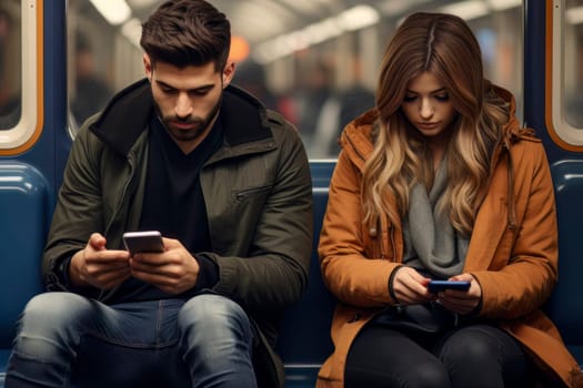 Image of a boy and girl engrossed in their smartphones while travelling on a bus.