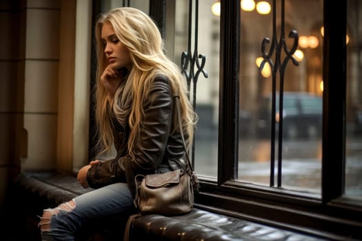 Image of a blonde girl engaged in a phone conversation while sitting by the window.