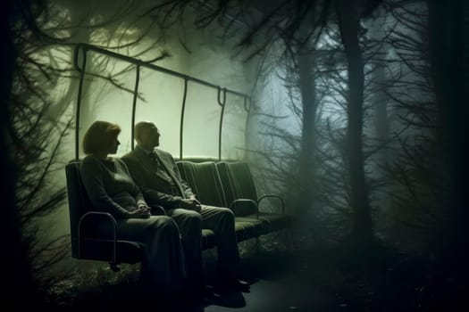 Surreal image depicting a man and woman sitting on a journey towards death.