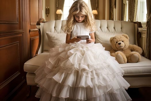 Image depicting a little girl with her teddy bear, captivated by a smartphone, symbolizing the modern generation's fixation on social media.