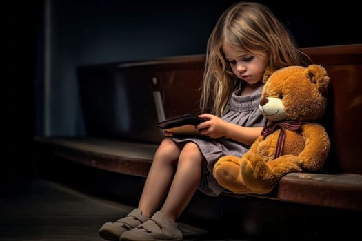 Image depicting a little girl with her teddy bear, captivated by a smartphone, symbolizing the modern generation's fixation on social media.