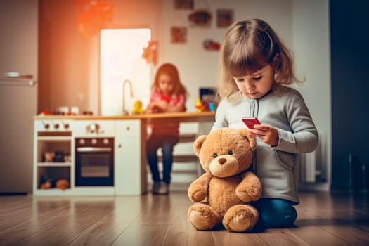 Image depicting a little girl with her teddy bear, captivated by a smartphone, symbolizing the modern generation's fixation on social media.