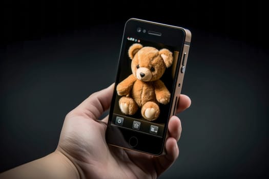 Image featuring a smartphone displaying a picture of a teddy bear, symbolizing childhood memories