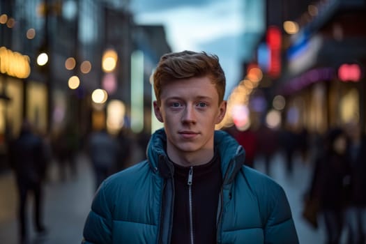 Image of a young man appearing dazed and lost in the hustle and bustle of the city.