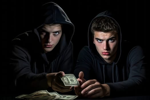 Image capturing young thieves holding cash loot in their hands