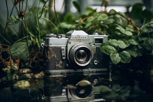 A captivating blend of vintage camera and nature elements symbolizing naturalistic photography.