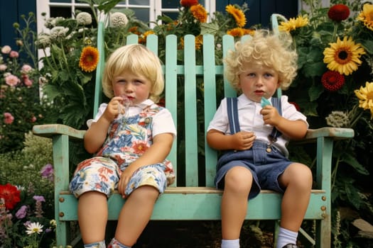 A heartwarming family portrait capturing Caucasian blonde siblings seated in a beautiful garden setting.