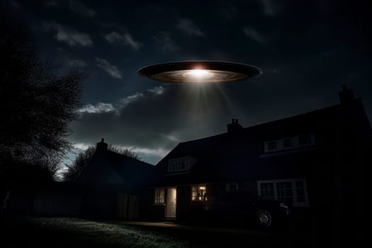 Image of a UFO in the night sky, depicting an alien abduction