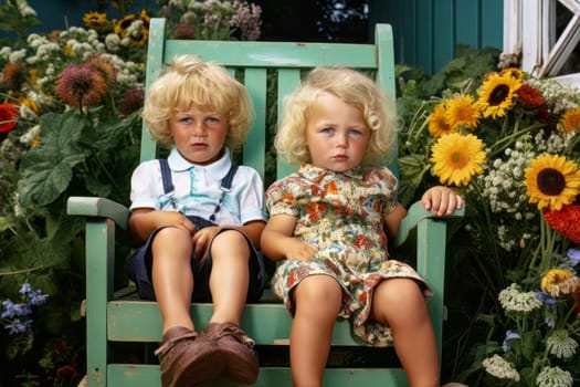 A heartwarming family portrait capturing Caucasian blonde siblings seated in a beautiful garden setting.