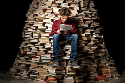 An inspiring image of a boy sitting on a stack of books, reading a book, symbolizing the power of education.