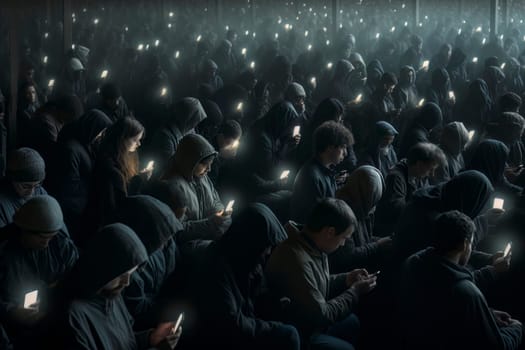 A captivating image of a crowd in the city, holding smartphones up to the sky, symbolizing the emergence of a new deity.
