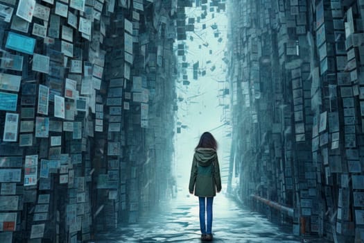 An intriguing image of a girl walking among countless written papers, symbolizing the exploration of memories and experiences.