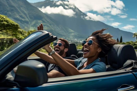 A delightful image capturing a happy couple driving a convertible car on a road trip, enjoying their holiday.