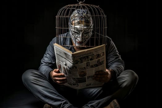 A powerful image featuring a man reading a newspaper with a cage on his head, symbolizing the confinement of the mind by deceptive newspapers.