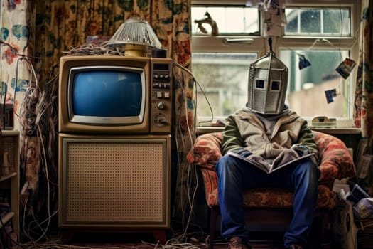 An impactful image portraying a man breaking free from the mind control of television.