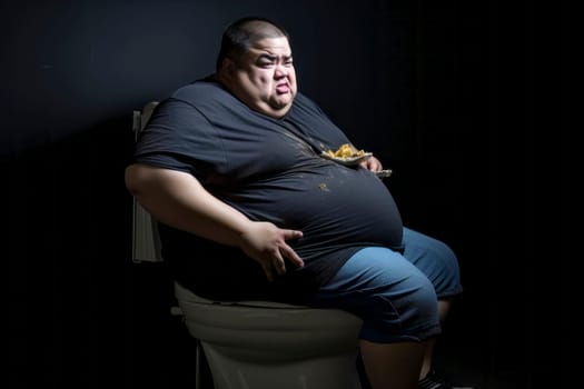 A thought-provoking image of an obese man indulging while sitting on the toilet, his vacant gaze seeking temporary relief from life's disappointments.