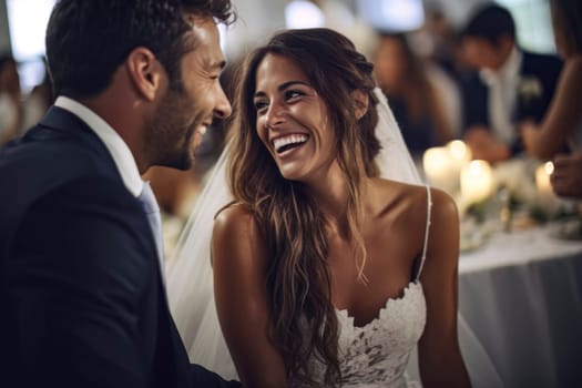 A heartwarming image capturing the radiant smiles of a newlywed couple on their wedding day.