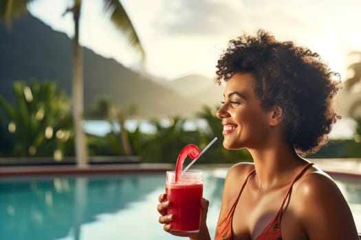 An enchanting image of a girl sipping a cocktail by the pool at a resort, radiating pure bliss.