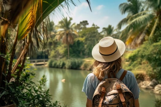 A traveling woman, with backpack and straw hat, gazes at a scenic river in a lush tropical setting.