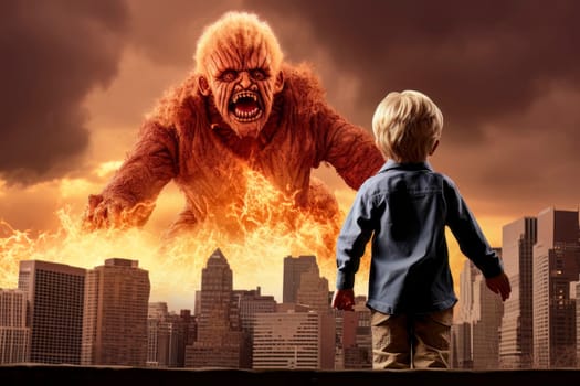 A symbolic representation of the fears and traumas inflicted upon children, as a giant monster tries to scare a child.