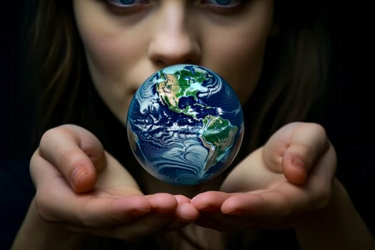 Powerful image of female hands holding the Earth, symbolizing the urgency to save the planet from pollution. Concept of environmental conservation.