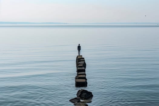 Wide shot capturing the serene silhouette of a lonely person on a sea pier.