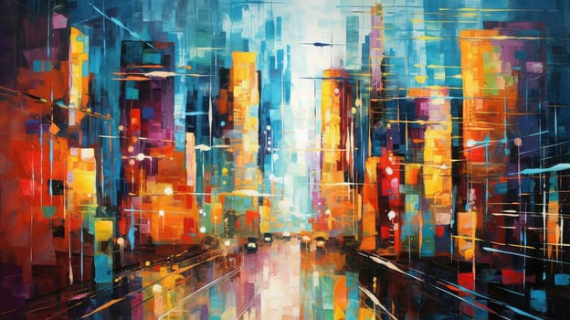 A cityscape painted in vibrant hues watercolor illustration - Generative AI. Building, skyscraper, water, reflection.