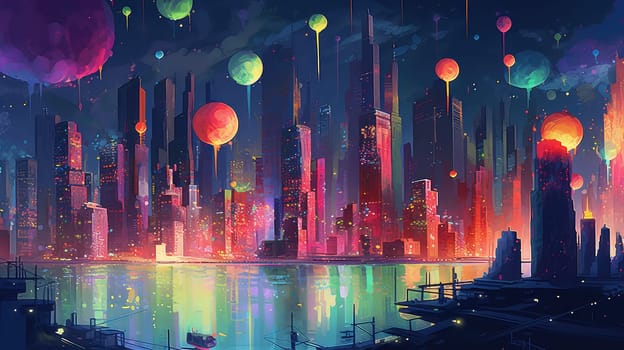 A futuristic city skyline watercolor illustration - Generative AI. Building, skyscraper, sky, planet, bridge.