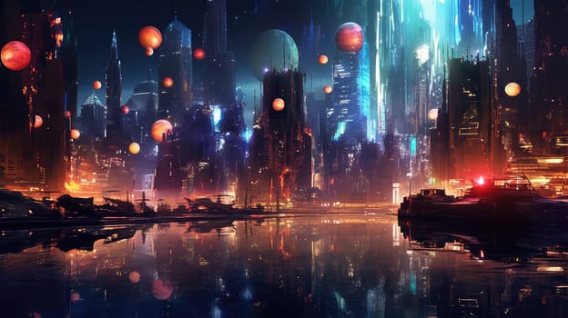 A futuristic city skyline watercolor illustration - Generative AI. Building, skyscraper, sky, planet, bridge.