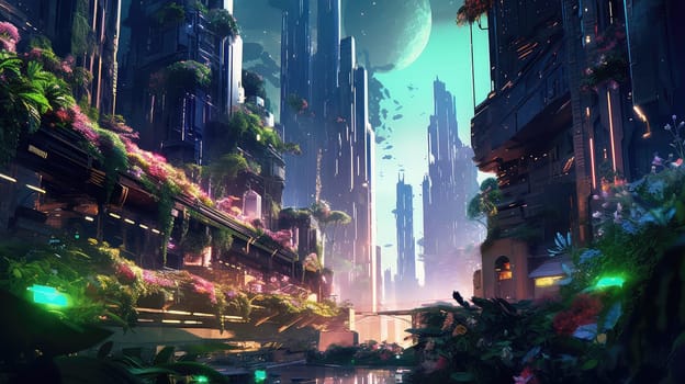 A futuristic cityscape photo realistic illustration - Generative AI. Building, skyscraper, nature, flowers.