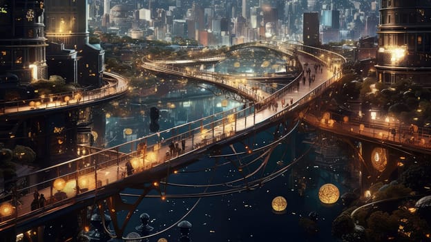A labyrinth of interconnected bridges photo realistic illustration - Generative AI. Building, people, lights, bridge.
