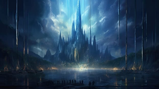 Towering spires and cascading water photo realistic illustration - Generative AI. People, sky, water, tower, spires.