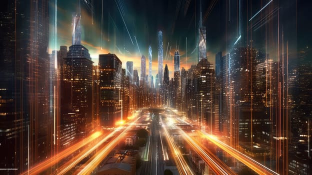 Brilliant streaks of light race photo realistic illustration - Generative AI. Building, lights, skyscraper, sky, streaks.