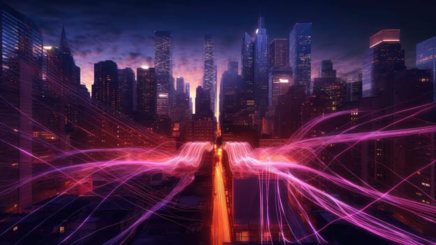 Glowing pathways photo realistic illustration - Generative AI. Building, skyscraper, neon, pathways, sky.