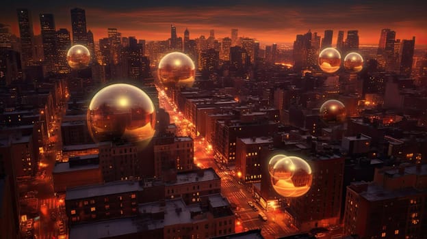 Luminiscent spheres float above the city streets photo realistic illustration - Generative AI. Street, people, building, sphere.