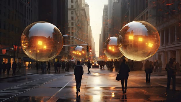 Luminiscent spheres float above the city streets photo realistic illustration - Generative AI. Street, people, building, sphere.