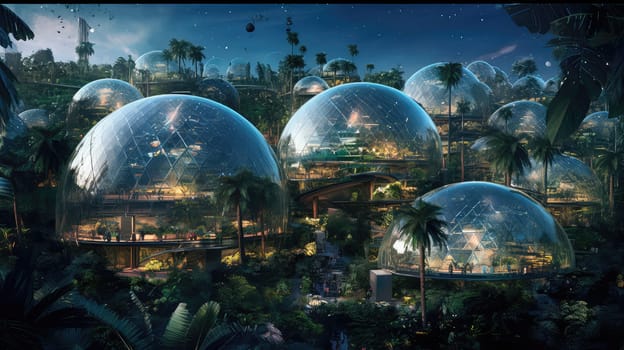 Translucent domed structures photo realistic illustration - Generative AI. Sphere, sky, palm, people.