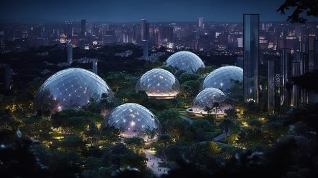 Translucent domed structures photo realistic illustration - Generative AI. Sphere, sky, palm, people.